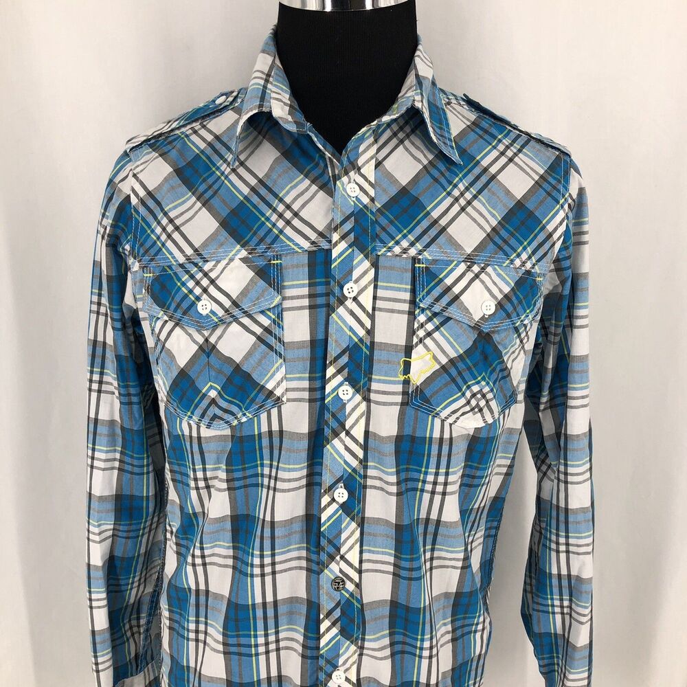 Fox Racing Blue Plaid Rolltab Long Sleeve Stretch Epaulets Shirt 44489 Medium